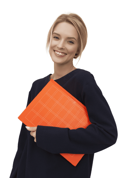 A woman holding an orange bag in her hands.